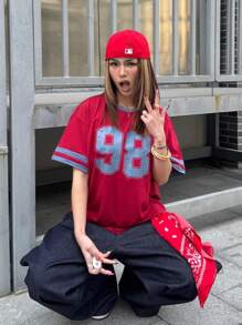 Coolane Kids Teen Girls Spring/Summer Streetwear Digital Printed Round Neck Short Sleeve Casual Red T-Shirt,Parent-Child Clothing - Burgundy - View 3