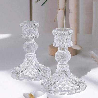 1 件/2 件透明玻璃器皿钻石图案烛台底座，适合餐桌、客厅、婚礼、礼物的家居装饰中心