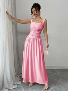 Rafferiza Đầm xếp ly không tay thanh lịch dành cho nữ có cổ vuông, màu trơn - Hồng - Xem 3