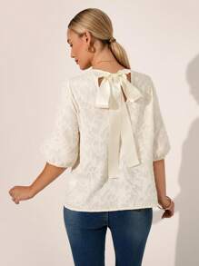 SHEIN Clasi Hollow Sheer Floral Mesh Tie Front Blouse, Lightweight Breathable For Vacation, Beach, Commuting