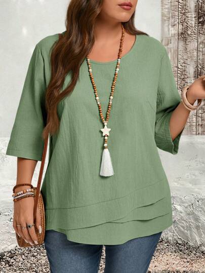 EMERY ROSE 大码不对称下摆绿色乡村衬衫秋装