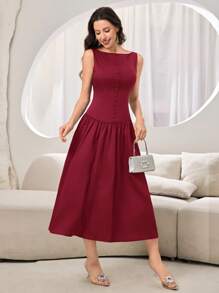 Modelyn Vestido midi elegante de mujer con cuello redondo, sin mangas y diseño de botones en unicolor - Burdeos - Ver 6