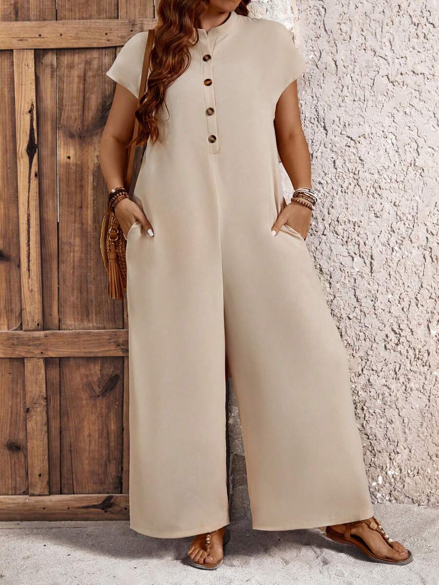 EMERY ROSE Women Plus Size Solid Color Button Half Placket Short Sleeve Pocket Jumpsuit