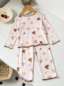 SHEIN Playful Pals 2件套女婴0-3岁新款可爱休闲日常印花圆领罗纹针织长袖上衣和修身长裤套装，四季家居服 - 彩色 - 查看 2