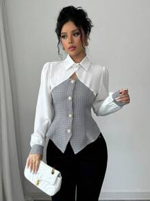Selianne Blus Patchwork Berongga Baru dengan Pengikat Pinggang, Kemeja Lengan Panjang, Atasan Lengan Panjang Pakaian Musim Gugur untuk Wanita - Hitam dan Putih - View 4