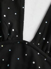 Muchica Sparkling Mesh Fabric Backless Cropped Halter Top - Black - View 3