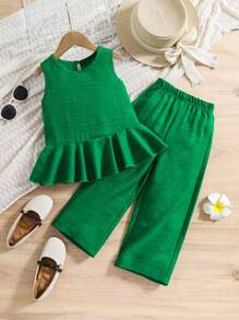 Set de 2 piezas con top sin mangas con volantes + pantalones anchos para niñas, outfit casual de vacaciones en la playa, a juego con hermana, azul - Verde - Ver 3