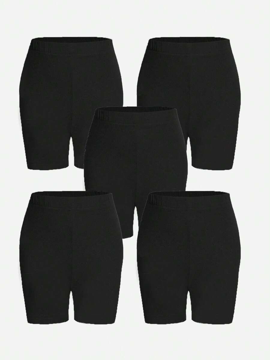 5pcs/Set Young Girl Plain Black Minimalist Comfortable Leggings Shorts, School, Campus, College Summer Holiday - Black - View 1