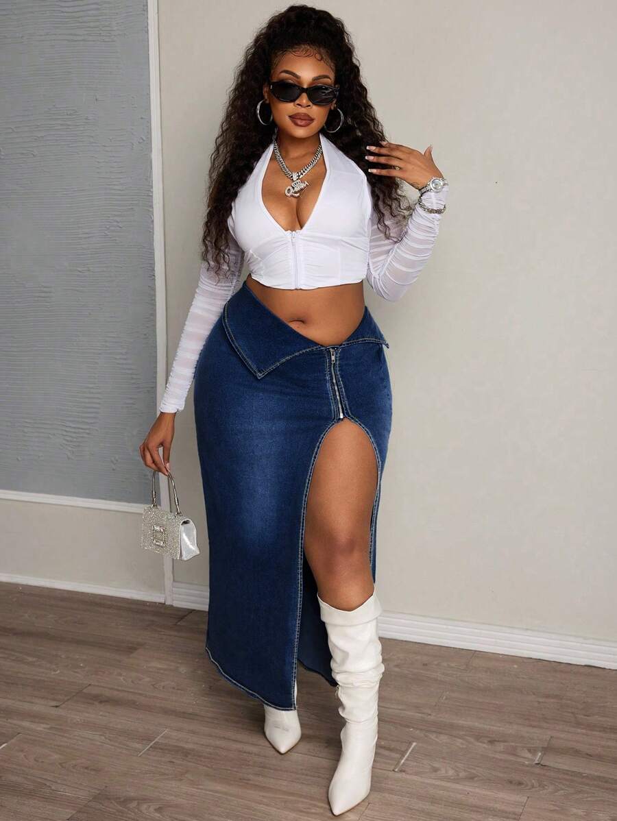 SHEIN SXY Plus Size Stretchy Denim Asymmetric Design Distressed Washed Long Skirt  Summer Outfits For Women Festival Outfits - Dark Wash - View 1