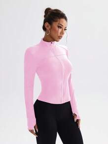 Easithlete 修身拉链弹力运动夹克，适合健身、跑步、瑜伽、日常休闲穿着、长袖 - 粉色 - 查看 5