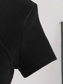 Sparklyn Camisetas de manga corta y cuello redondo ajustadas con ribete de encaje para niñas preadolescentes, estilo dulce y elegante de señorita - Negro - Ver 3