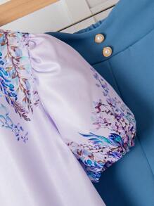 2pcs Tween Girls Floral Print Puff Sleeve Shirt And Solid Straight Leg Pants Set - Blue - View 3