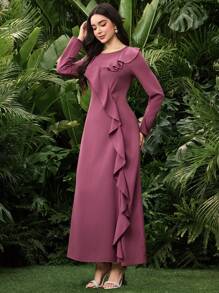 Modelyn Solid Color Round Neck Casual Asymmetric Ruffle Long Sleeve Dress - Redwood - View 7