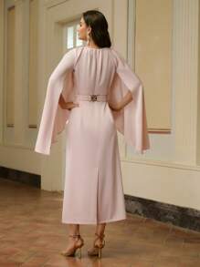 ZEYLAH Women's Solid Color Round Neck Long Sleeve Elegant Maxi Dress, Satin Evening Dress - Pink - View 3