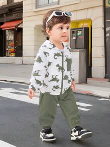 Conjunto de 2 piezas para bebé niño/niña, chaqueta ligera con capucha estampado de dinosaurio en contraste de color y pantalón liso de unicolor, adecuado para primavera, verano, otoño y viajes al aire libre