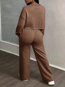 Slaydiva 2件套女士休闲街头风酸洗蓝绿色长袖上衣和宽松长裤套装，2025新款，假日穿搭 - 棕色 - 查看 2