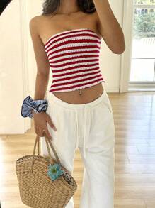 Sunnyshic 女士休闲条纹露背抹胸，百搭适合春夏季假期 - 紅色 - 查看 6