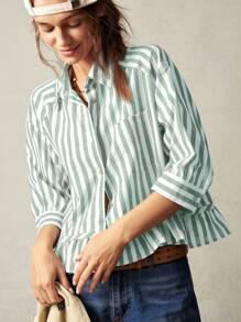 Bohemela 度假雪纺条纹翻领 3/4 袖荷叶边宽松女式衬衫 - 綠色 - 查看 7