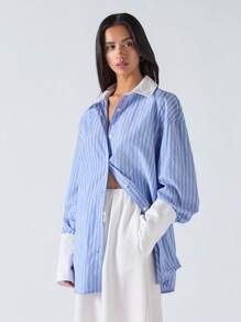 LYSMO 女士春夏通勤休闲落肩蓝白条纹长袖单排扣宽松衬衫撞色设计休闲简约海滩度假风中性超大码 - 彩色 - 查看 3