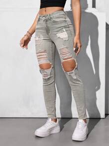 SHEIN EZwear Women's Pocketed Distressed Skinny Casual Versatile Denim Jeans - Army Green - View 5