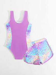 SHEIN Tween Girl' Swimwear/One-Piece Swimsuit/Printed/2pcs Set Summer Pink Swim Bohemian Summer Holiday Cute - Multicolor - View 2