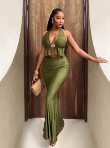 BamGleam Women's Solid Color Ruffled Hem Deep V-Neck Halter Tank Top & Fishtail Mini Skirt Sexy 2 Pieces Set