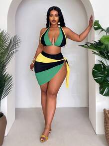 SHEIN Slayr CURVE 大码女式海滩度假巴西拼色三角比基尼上衣搭配高腰丁字裤和裹身纱笼三件套泳衣套装 - 黑色 - 查看 1