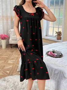 CottageSlumber Women's Ruffle Trim Cherry Print Two Layer Cap Sleeve Nightgown Babydoll Holiday Season, Bountiful Floral Splendor Cozy And Elegant Details - Black - View 3