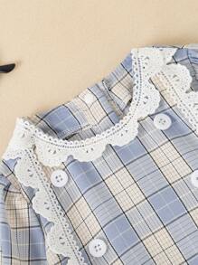 SHEIN Infant & Baby Girl Retro Olive Green Plaid Frill Trim Long Sleeve Sweet Fashion Elegant Dress, Spring/Autumn - Blue - View 3