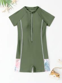 SHEIN 女童连体泳衣，带热带花卉印花、前拉链和插肩袖，适合游泳、冲浪、潜水、沙滩运动 - 軍綠色 - 查看 4