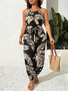 SHEIN Frenchy Plus Size Women Tropical Plant Print Sleeveless Jumpsuit - Multicolor - View 10