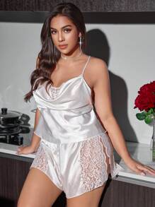 大码性感系带垂领吊带背心和缎面短裤睡衣套装，时尚 - 白色 - 查看 1
