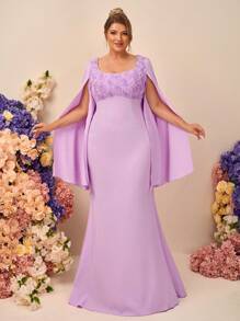 SHEIN Belle Váy maxi dài xếp nếp hở vai màu tím nhạt lãng mạn thanh lịch cỡ lớn họa tiết hoa 3D, váy phù dâu - Màu tím hoa cà - Xem 7