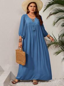EMERY ROSE Gaun Elegan Lengan Lentera Kerah Dasi Warna Polos untuk Wanita Ukuran Plus - Biru - View 6