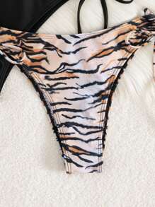 SHEIN Swim 2pcs Women Summer Beach Casual Solid & Leopard Print Side Tie Bikini Bottoms, Suitable For Vacation & Spring Break - Multicolor - View 5