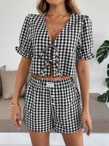 Breezaya 2 件女式格子前领带短袖衬衫和短裤 2 件套 - 黑與白 - 查看 3