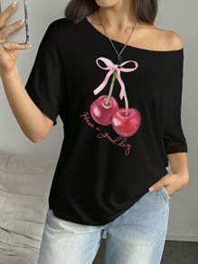 INAWLY Women's Off Shoulder Short Sleeve Cherry Print Casual T-Shirt