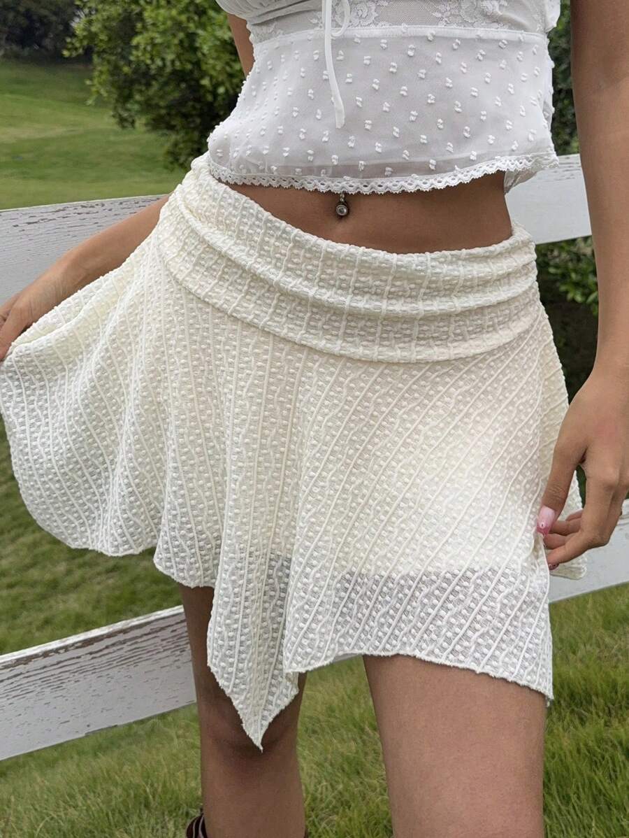 SHEIN EZwear 女士褶饰不对称下摆时尚短裙 - 杏色 - 查看 1