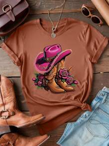 Chiquease Áo thun cổ tròn in họa tiết giày bốt phong cách phương Tây mùa hè dành cho nữ - màu nâu - Xem 3