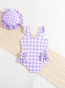 SHEIN Baby Girls' Swimsuit, Random Printed, Frilled Edged One-Piece With Detached Cap - Multicolor - View 2