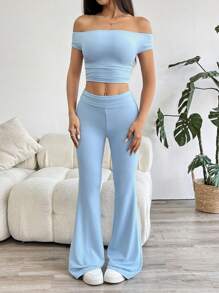 SHEIN EZwear 2pcs/Set Women Off Shoulder Solid Color Short Sleeve Top And Flared Leg Pants