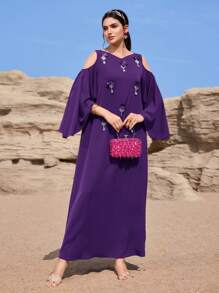 Al Najma 女士水钻装饰土耳其长裙和传统阿拉伯长裙 - 紫色 - 查看 4