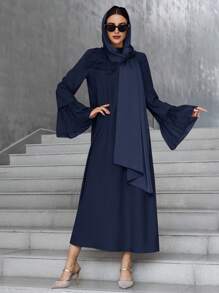 Al Najma Women's Floral Embellished Flare Sleeve Elegant Arabic Style Dress, Arabian Dresses,Modest - Navy Blue - View 4