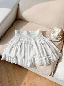 SHEIN EZwear White Mini Cake Skirt With Bow Decoration - White - View 5