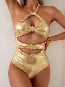 Swim EVENT Women's Sexy Hollow-Out Metallic Shell Accessory One-Piece Swimsuit, Backless Metal Color One Piece Swimsuit
