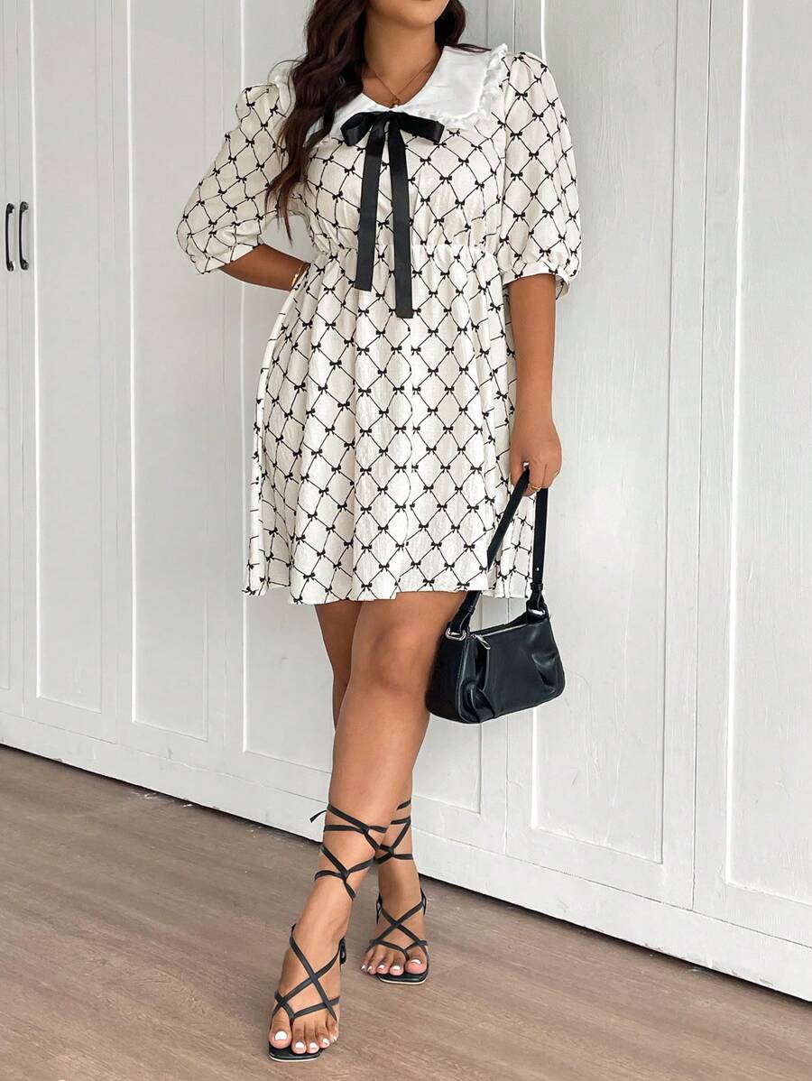 SHEIN Frenchy Plus Size Casual Elegant Bow & Doll Print Bubble Dress - Black and White - View 1