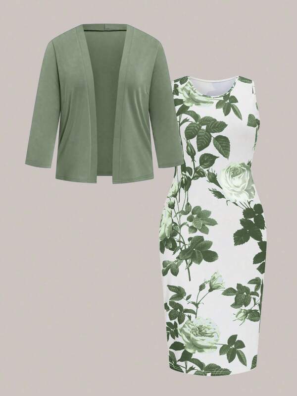2pcs/Set Plus Size Women Floral Print Fitted Dress & Solid Color Cardigan