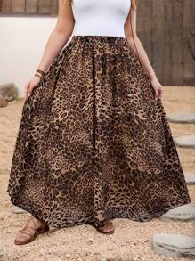 SHEIN Clasi Leopard Print Chiffon Flowy Skirt For Plus Size Women, Elegant Daily Beach Skirt Plus Size Skirts Classy Skirt Women Maxi Skirt