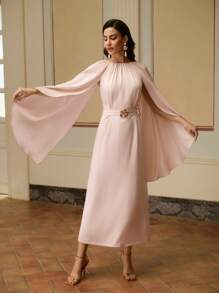 ZEYLAH Women's Solid Color Round Neck Long Sleeve Elegant Maxi Dress, Satin Evening Dress - Pink - View 5