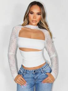 Zolique Women Contrast Lace Hollow Out Sexy Long Sleeve T-Shirt Fall Cloth For Women - White - View 1